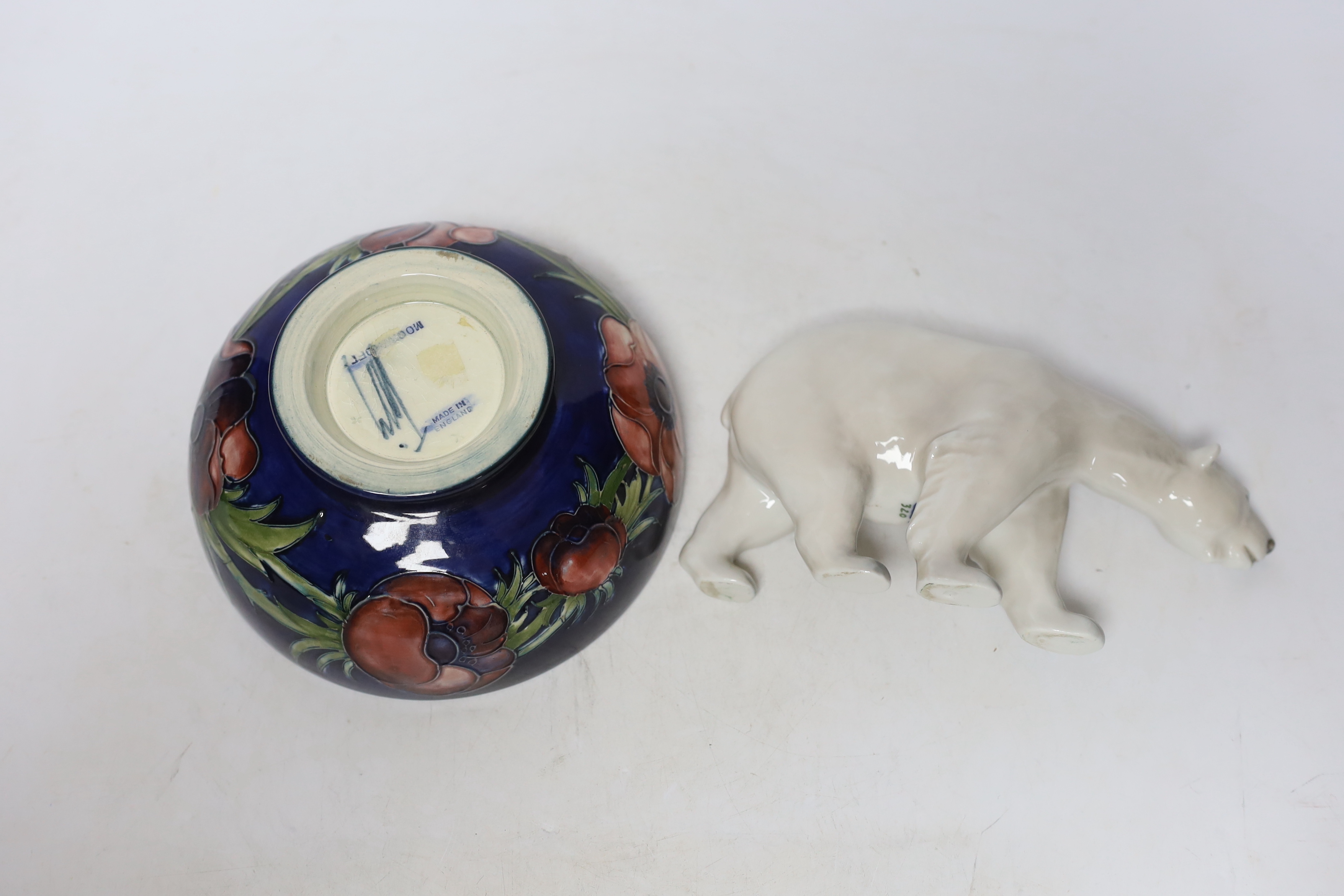 A Moorcroft anemone bowl and a Copenhagen polar bear, Moorcroft bowl 16cm diameter